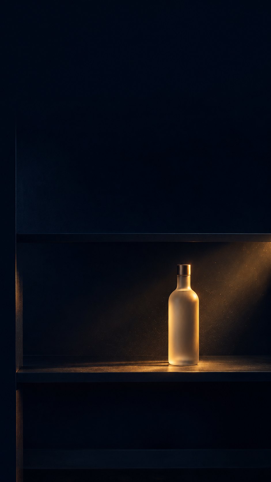 A single bottle left on an empty shelf