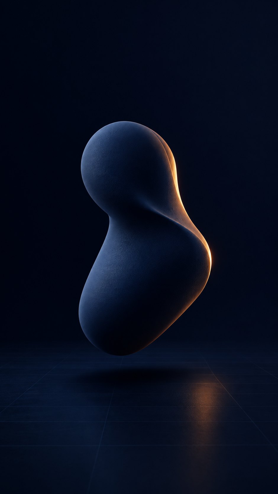 A sculptural navy form lit with amber
