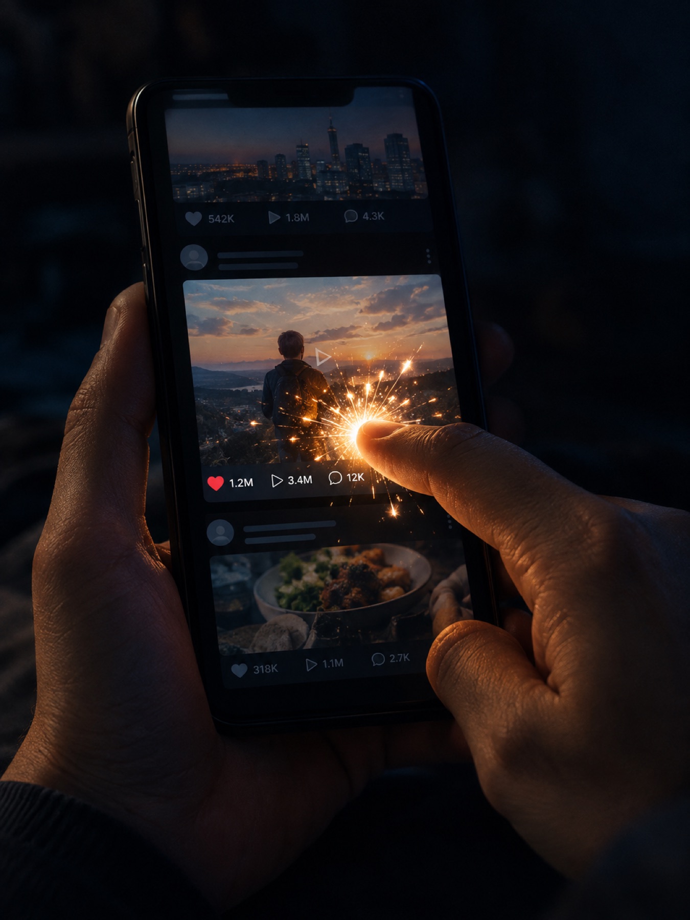 A thumb touching a phone feed, releasing a burst of golden sparks